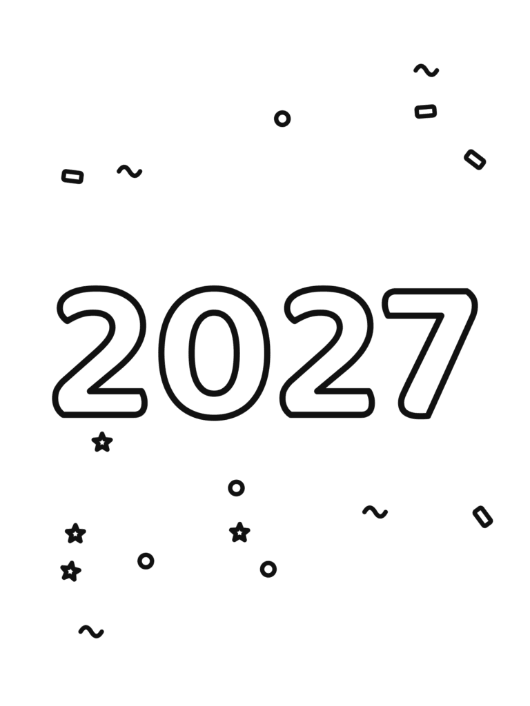 2027 Bubble Numbers coloring page for kids: the big bubble numbers 2027 with stars and confetti