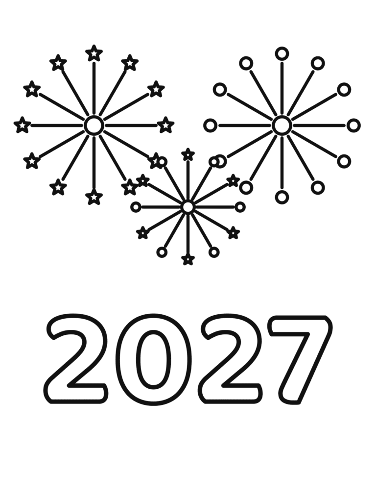 2027 Fireworks coloring page for kids: fireworks bursting above the numbers 2027