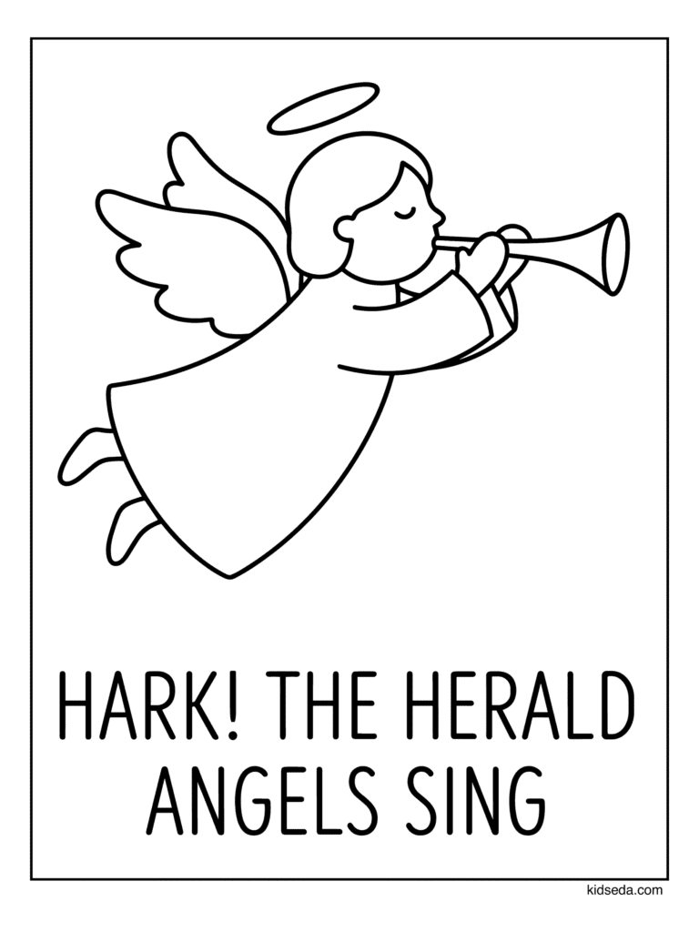 Angel with a Trumpet coloring page for kids: a flying angel playing a trumpet above a message
