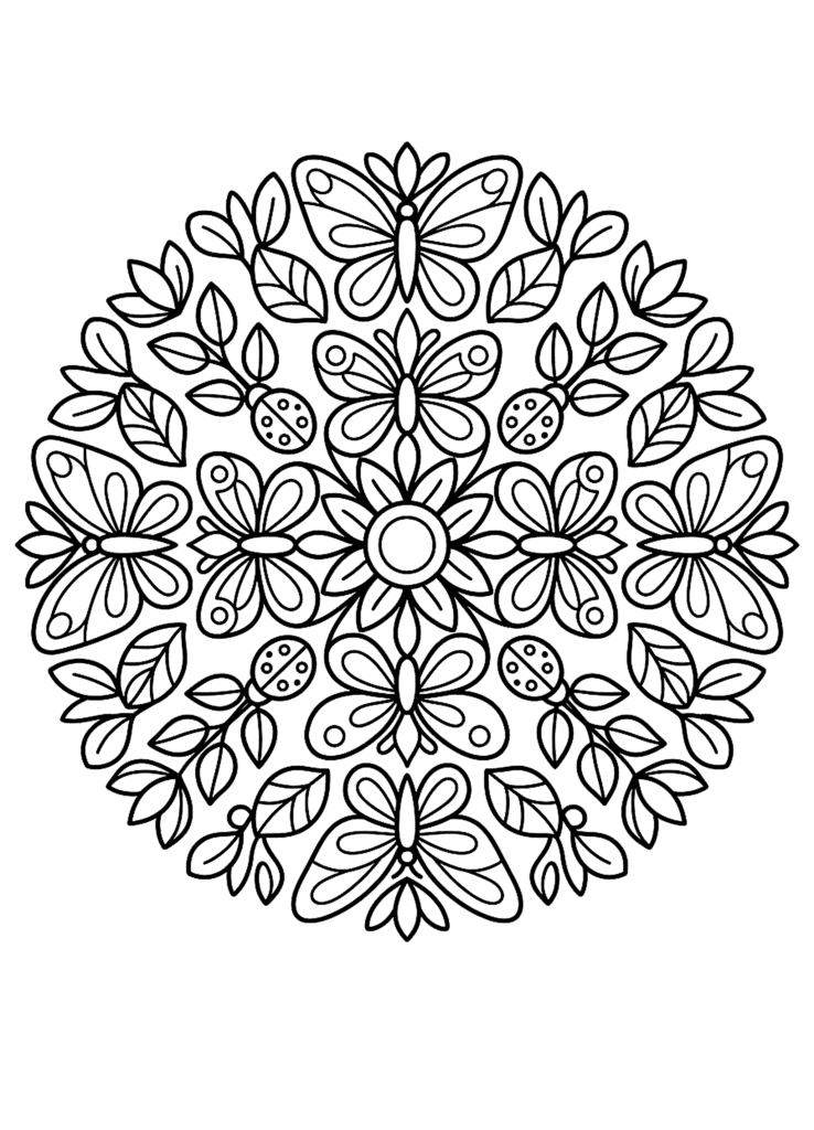 Animal Mandala coloring page for kids: a round mandala made of animal and leaf shapes