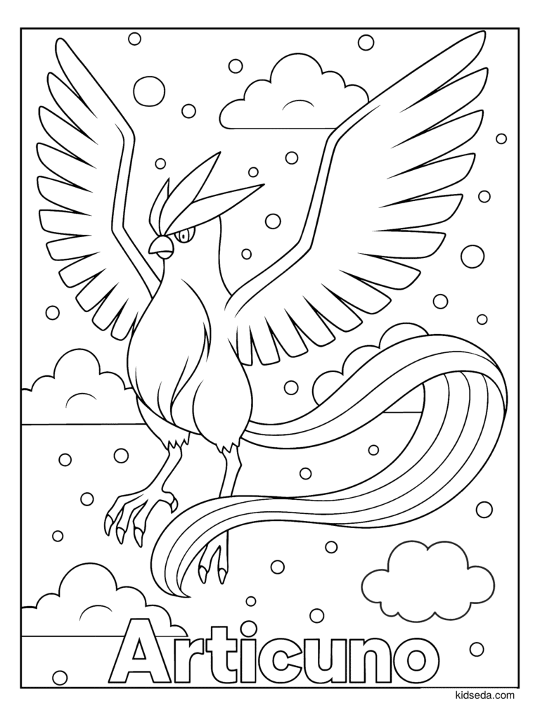 Articuno in the Snow coloring page for kids: Articuno flying through the snowy sky with its name below