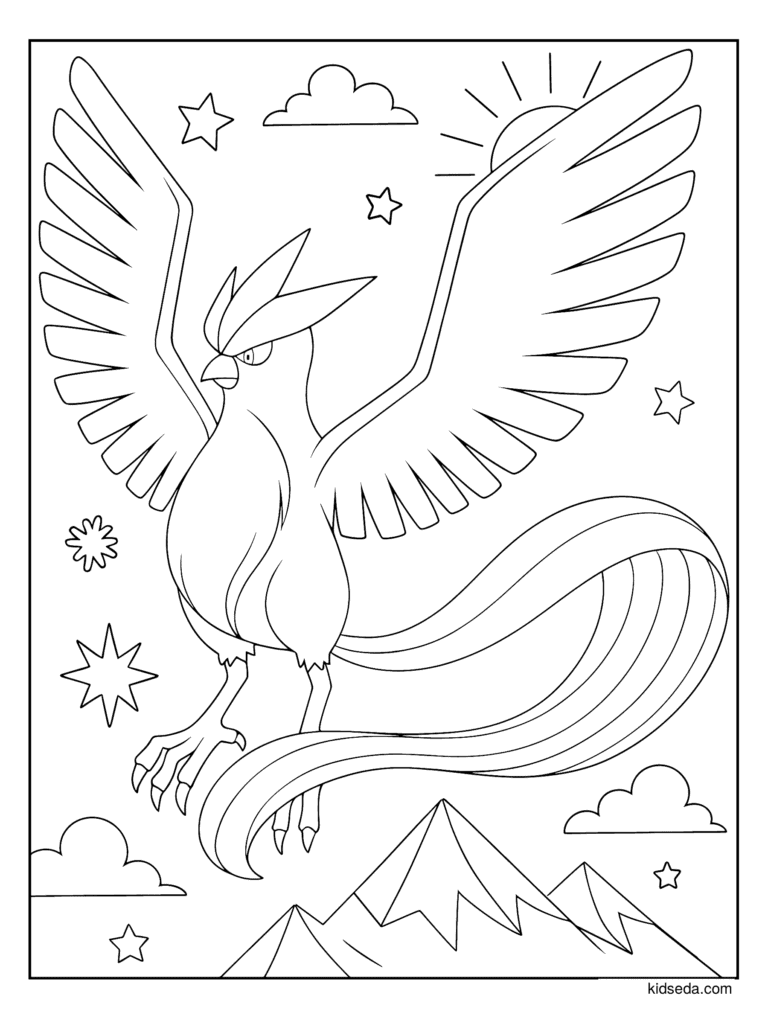 Articuno Over the Mountains coloring page for kids: the legendary Pokémon Articuno flying above the mountains
