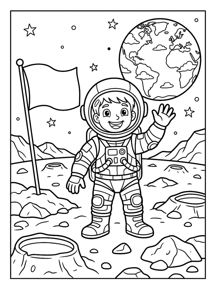 Astronaut on the Moon coloring page for kids: an astronaut planting a flag on the moon with Earth in the sky