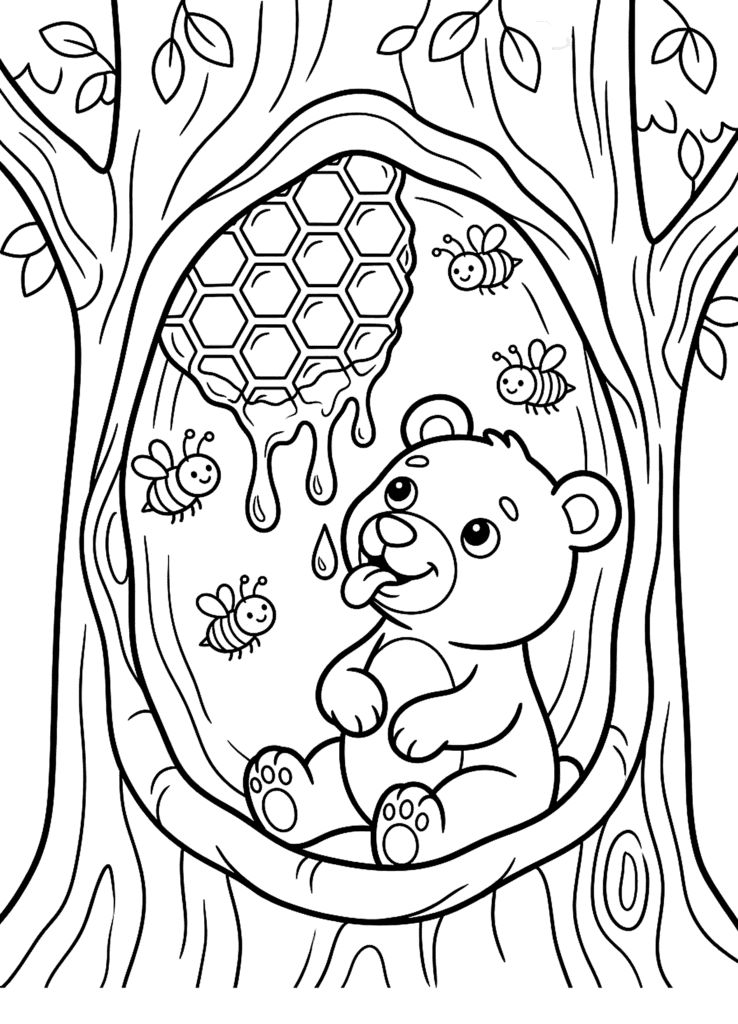 Bear with Honey coloring page for kids: a bear eating honey from a beehive in a hollow tree