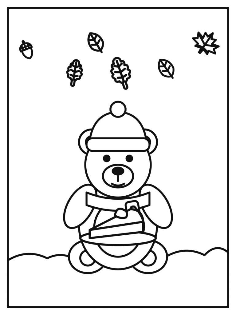 Bear with Pumpkin Pie coloring page for kids: a cozy bear in a hat and scarf holding a slice of pie