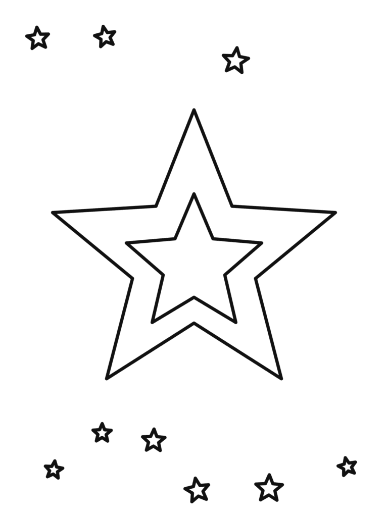 Big Christmas Star coloring page for kids: a big shining Christmas star with little stars and sparkles around it
