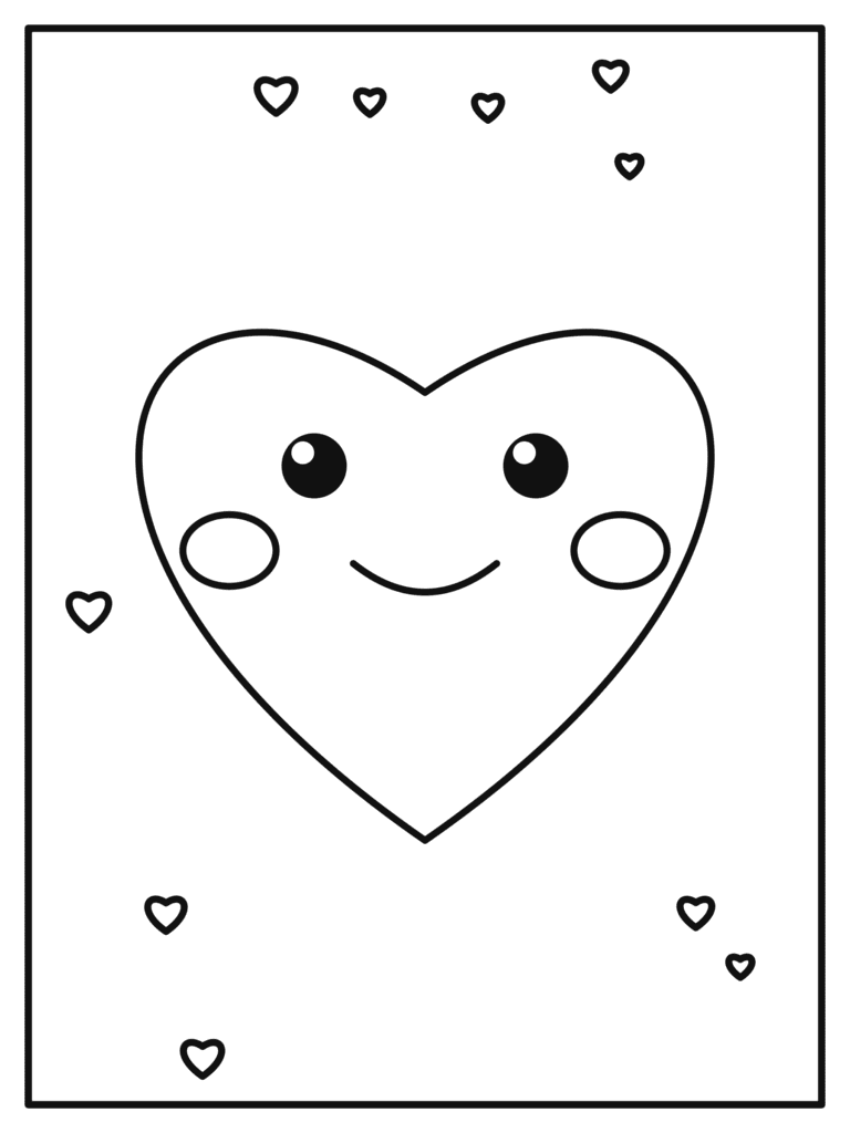 Big Heart with a Happy Face coloring page for kids: a big smiling heart with rosy cheeks