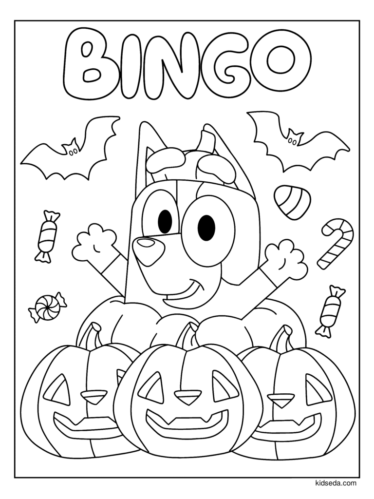 Bingo Halloween Pumpkins coloring page for kids: Bingo popping up behind a pile of jack-o'-lanterns with her name on top