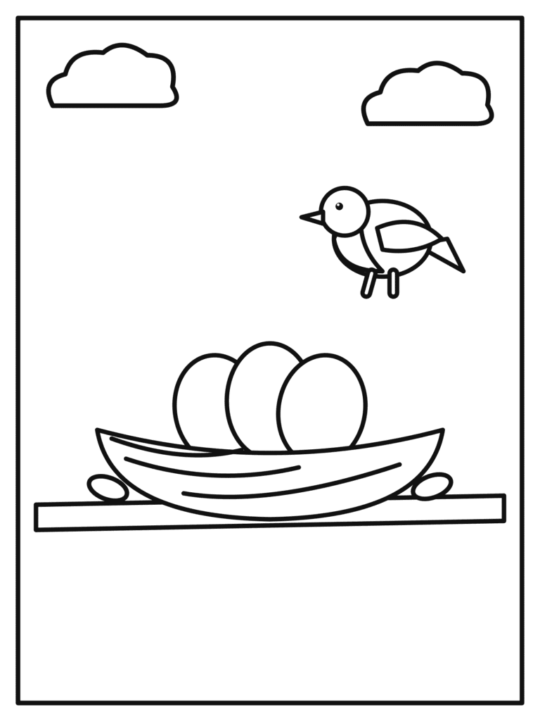 Bird Nest with Eggs coloring page for kids: a cozy bird nest with three eggs on a branch