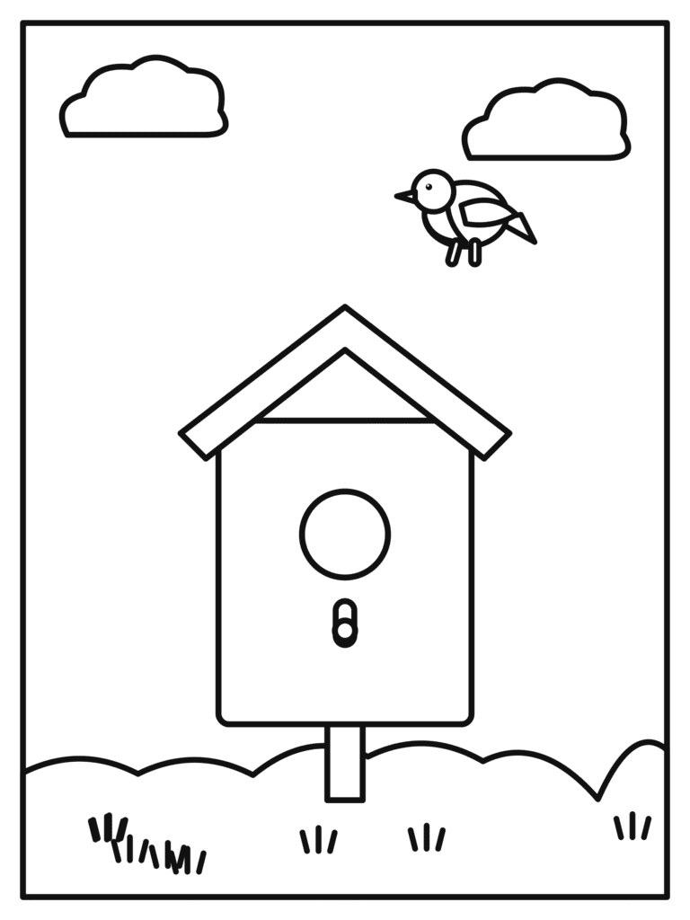 Birdhouse coloring page for kids: a wooden birdhouse with a little bird on the roof