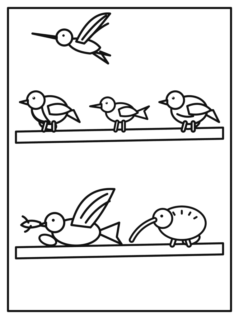 Birds on a Branch coloring page for kids: a long branch full of birds: robin, bluebird, crow, dove, woodpecker and hummingbird