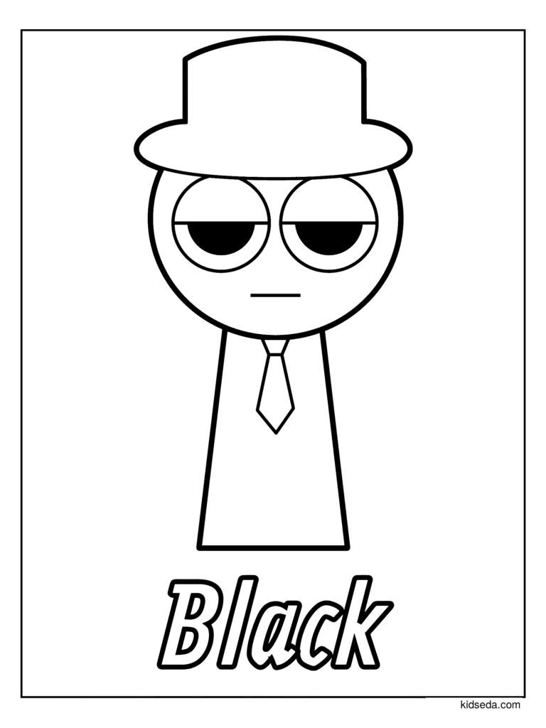 Black the Sprunki coloring page for kids: Black in a fedora hat and a tie