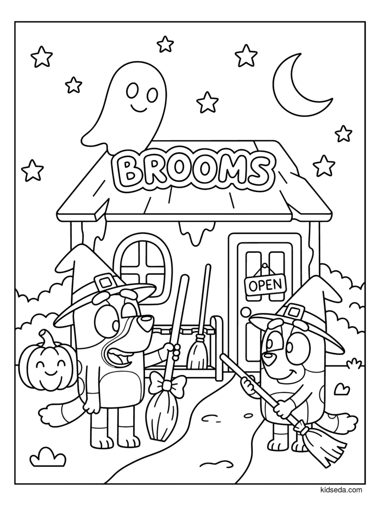 Bluey and Bingo at the Broom Shop coloring page for kids: Bluey and Bingo dressed as witches outside a broomstick shop