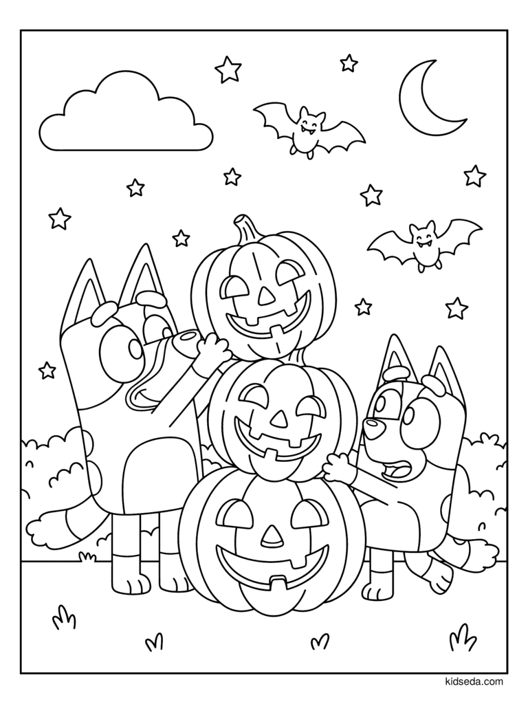 Bluey and Bingo Pumpkin Stack coloring page for kids: Bluey and Bingo stacking three smiling jack-o'-lanterns under the moon