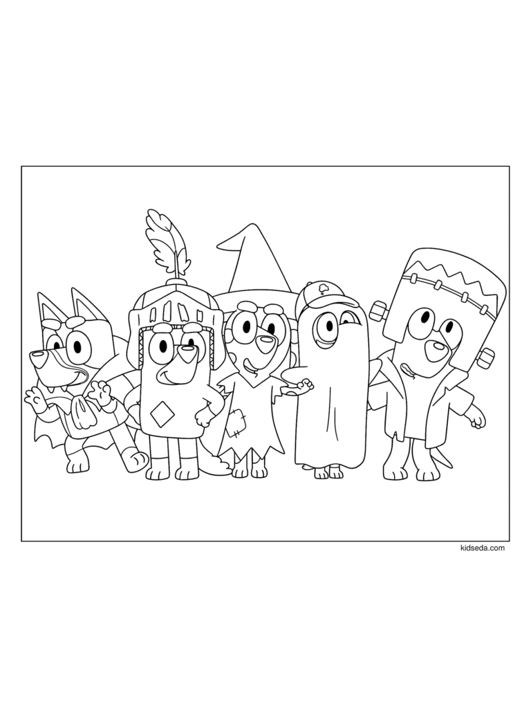 Bluey and Friends in Halloween Costumes coloring page for kids: Bluey and four friends dressed as a vampire, a knight, a witch, a ghost and a monster
