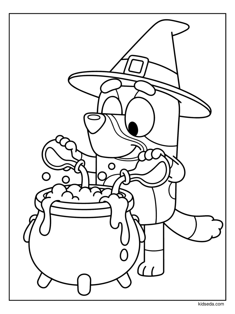 Bluey Brewing a Witch Potion coloring page for kids: Bluey in a witch hat stirring a bubbling potion in a big cauldron