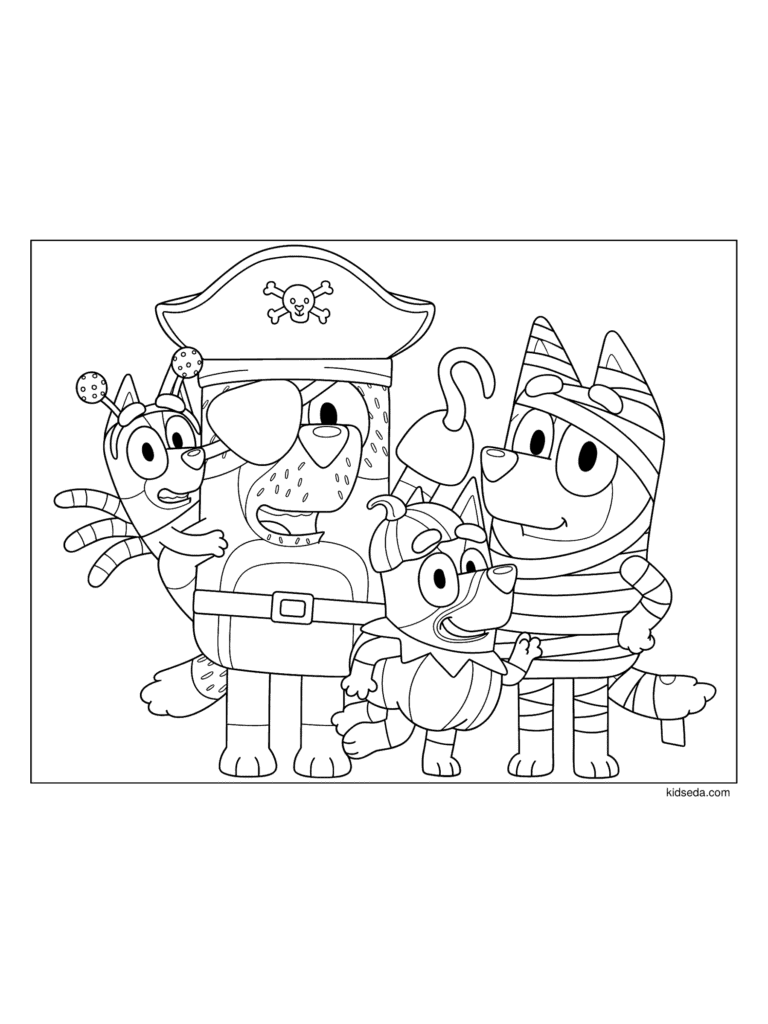 Bluey Family Halloween Costumes coloring page for kids: Bluey, Bingo, Bandit and Chilli in pirate, pumpkin and mummy costumes