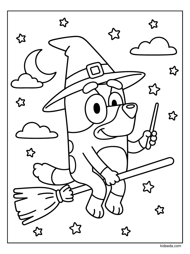 Bluey Flying on a Broomstick coloring page for kids: Bluey in a witch hat flying a broomstick past the moon and stars