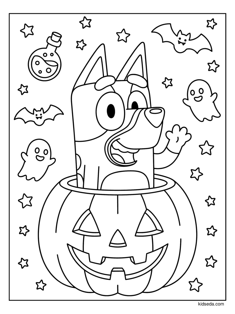 Bluey in a Giant Jack-o'-Lantern coloring page for kids: Bluey peeking out of a giant jack-o'-lantern with friendly ghosts and bats