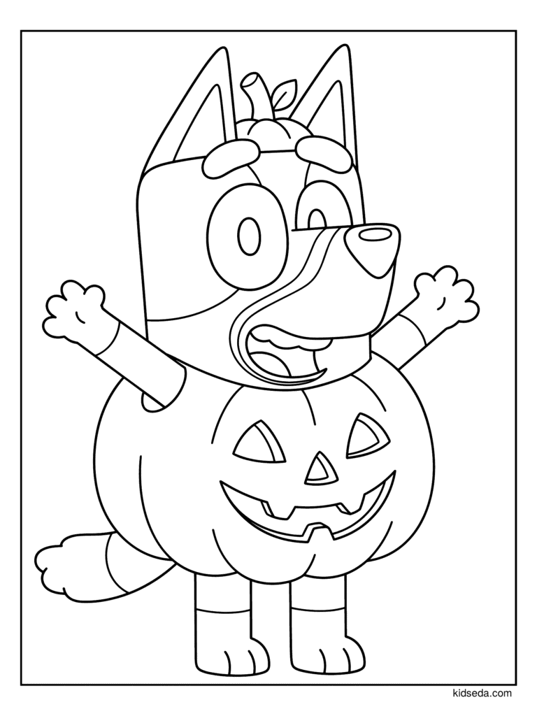 Bluey in a Jack-o'-Lantern Costume coloring page for kids: Bluey wearing a big jack-o'-lantern costume with her arms in the air