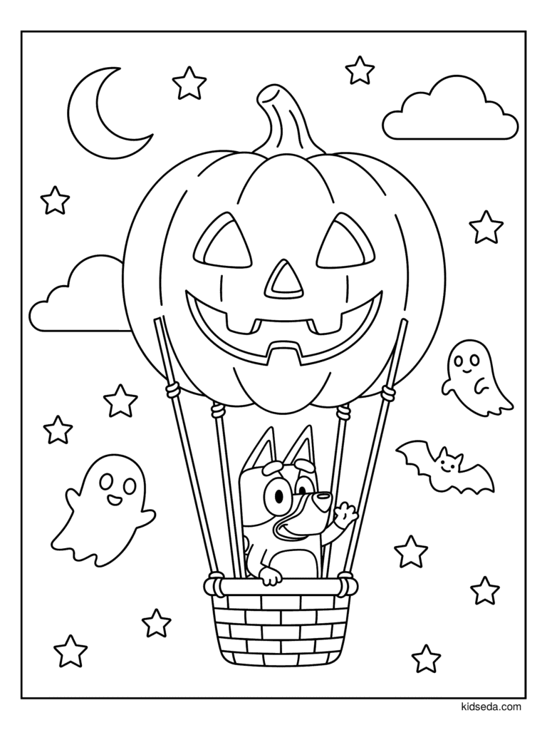 Bluey in a Pumpkin Hot Air Balloon coloring page for kids: Bluey waving from a hot air balloon shaped like a giant pumpkin