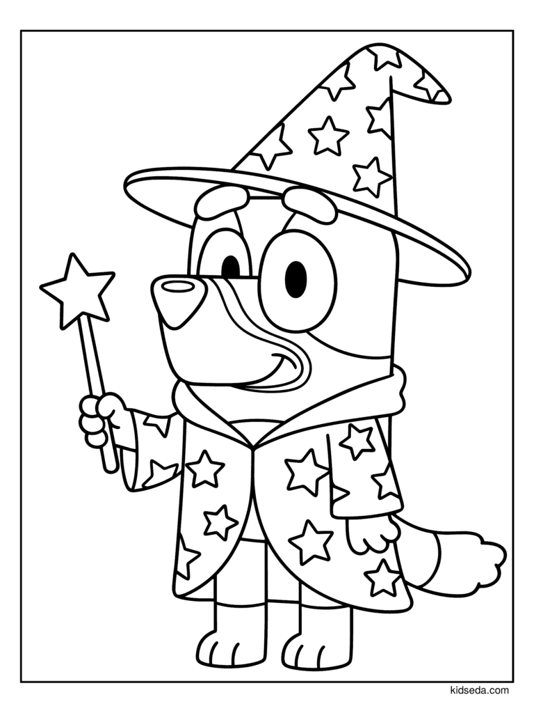 Bluey the Wizard coloring page for kids: Bluey in a starry wizard robe and pointed hat holding a magic wand