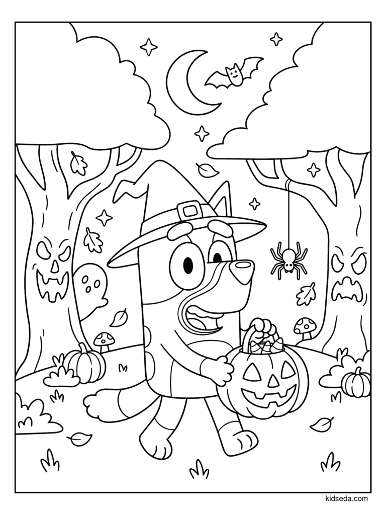 Bluey Trick-or-Treating in the Woods coloring page for kids: Bluey the witch carrying a candy bucket through a spooky forest