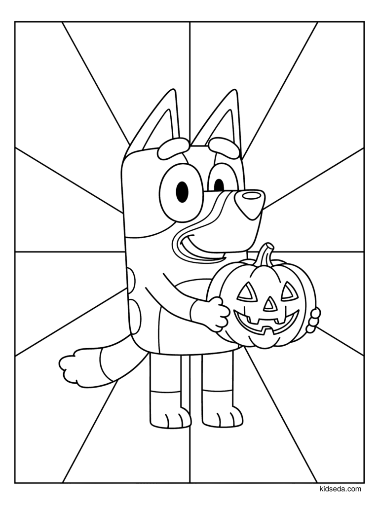 Bluey with a Jack-o'-Lantern coloring page for kids: Bluey holding a smiling jack-o'-lantern in front of big bold rays