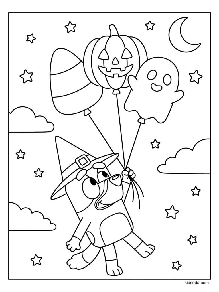 Bluey with Halloween Balloons coloring page for kids: Bluey in a witch hat floating with pumpkin and ghost balloons