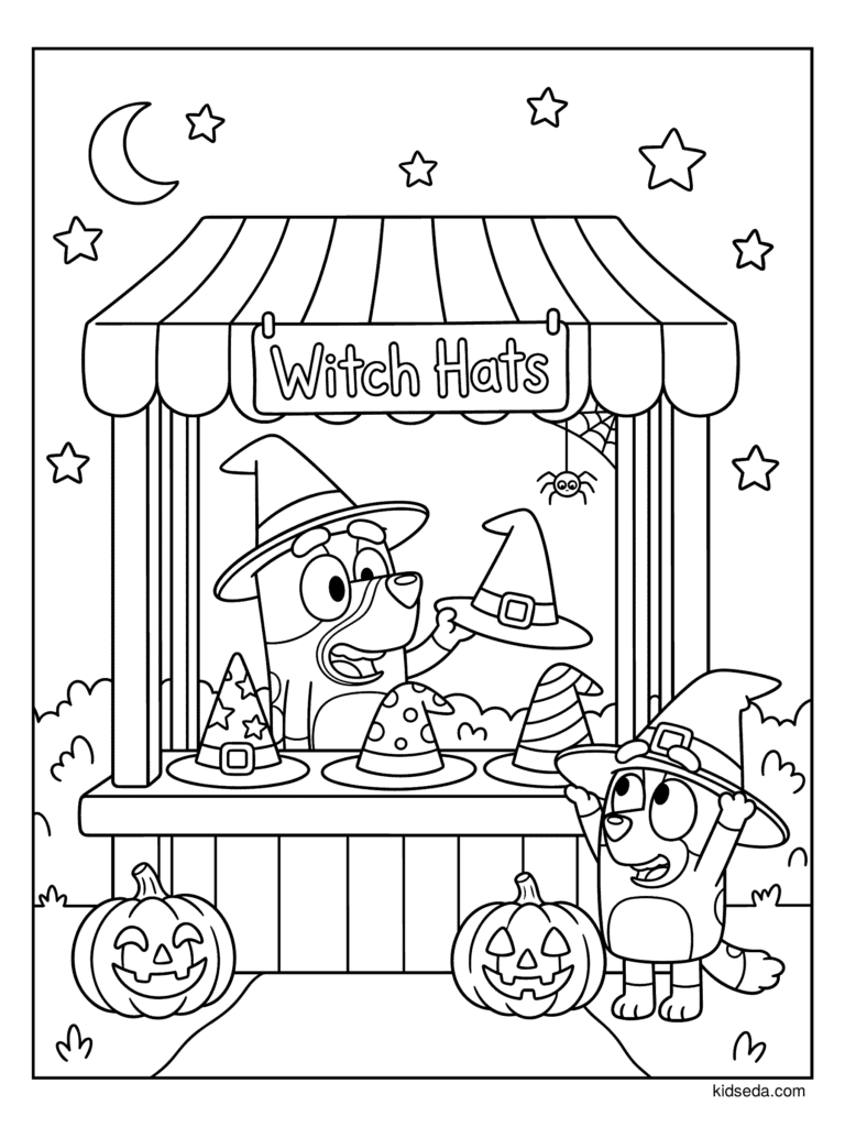 Bluey's Witch Hat Stall coloring page for kids: Bluey selling witch hats at a stall while Bingo tries one on