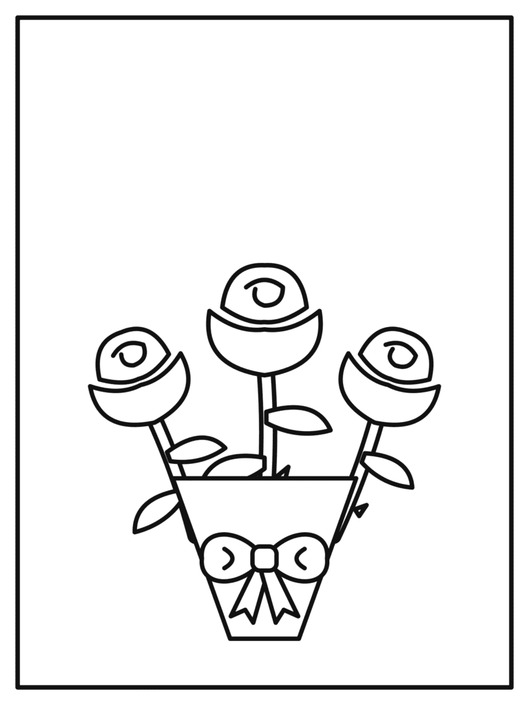 Bouquet of Roses coloring page for kids: a bouquet of three roses wrapped with a bow