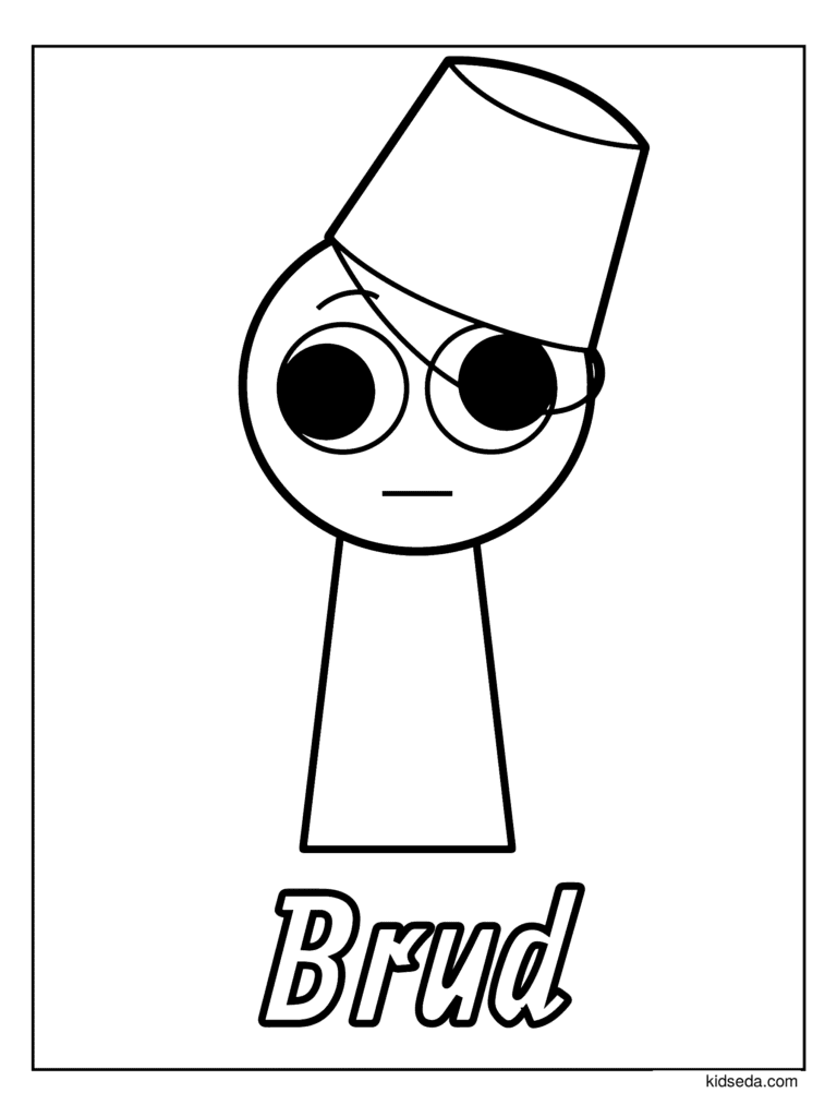 Brud the Sprunki coloring page for kids: Brud with big eyes and a bucket hat
