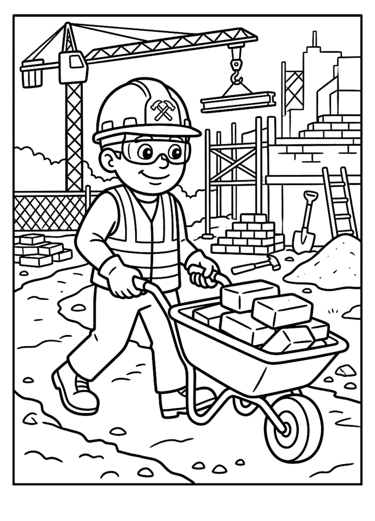 Builder coloring page for kids: a builder pushing a wheelbarrow of bricks on a building site