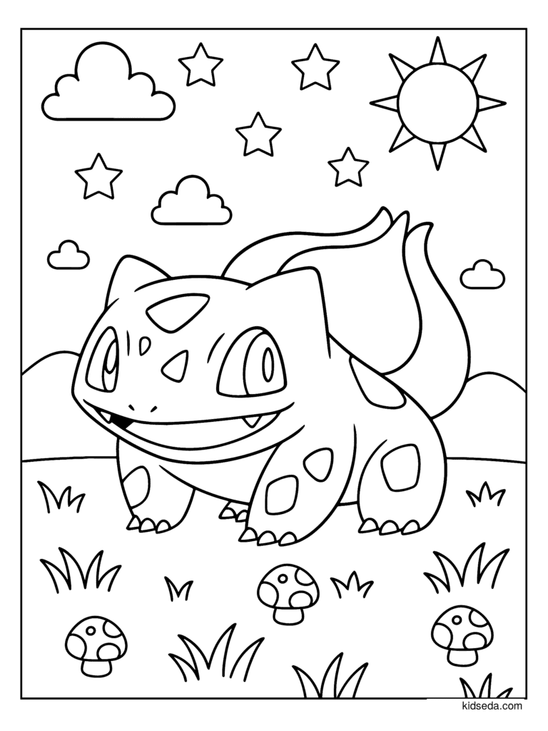 Bulbasaur in a Meadow coloring page for kids: Bulbasaur standing in a grassy meadow with mushrooms and the sun