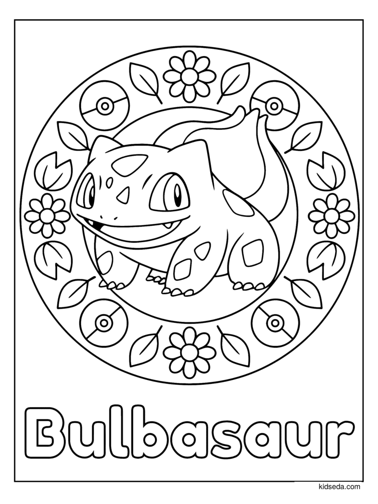 Bulbasaur Mandala coloring page for kids: Bulbasaur in a ring of leaves, Poké Balls and flowers