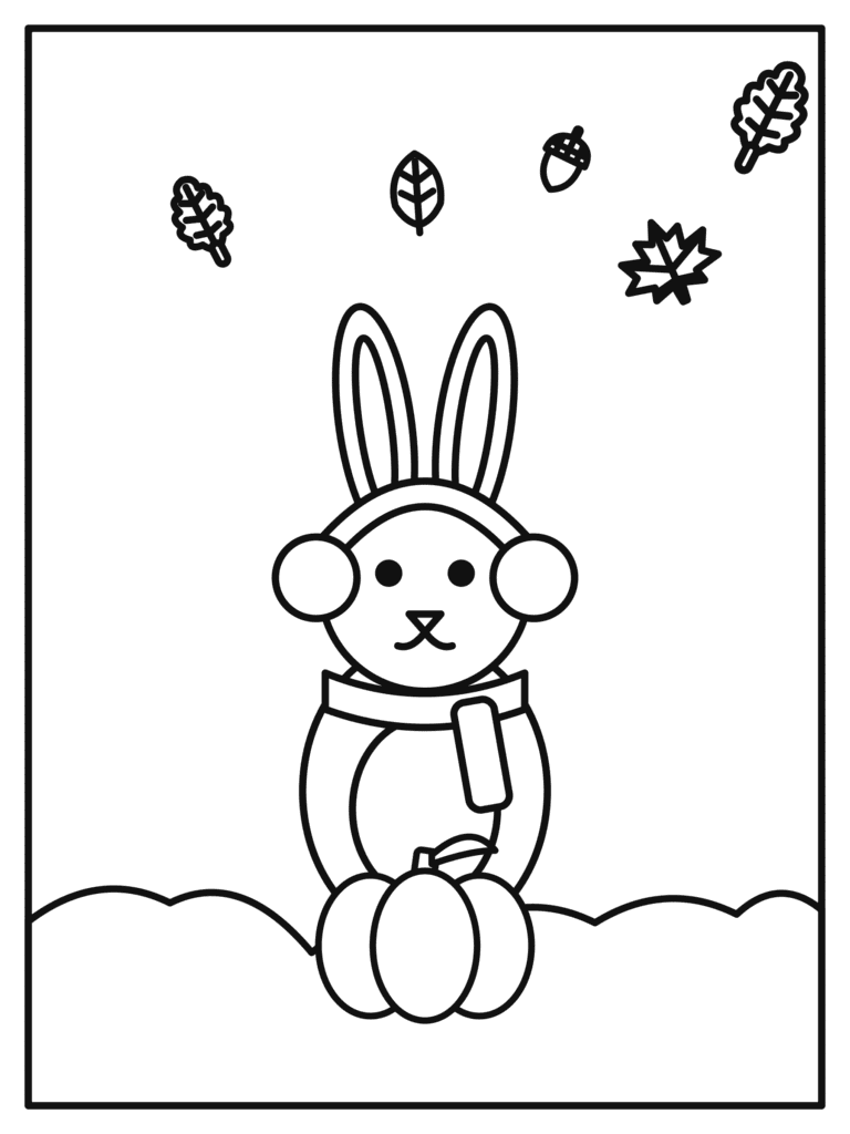 Bunny with a Pumpkin coloring page for kids: a sweet bunny in a scarf sitting with a big pumpkin