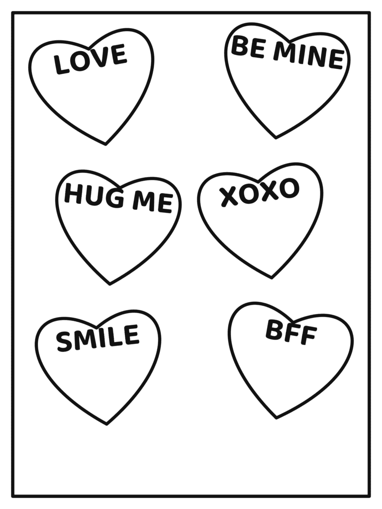 Candy Conversation Hearts coloring page for kids: six candy hearts that say sweet little words
