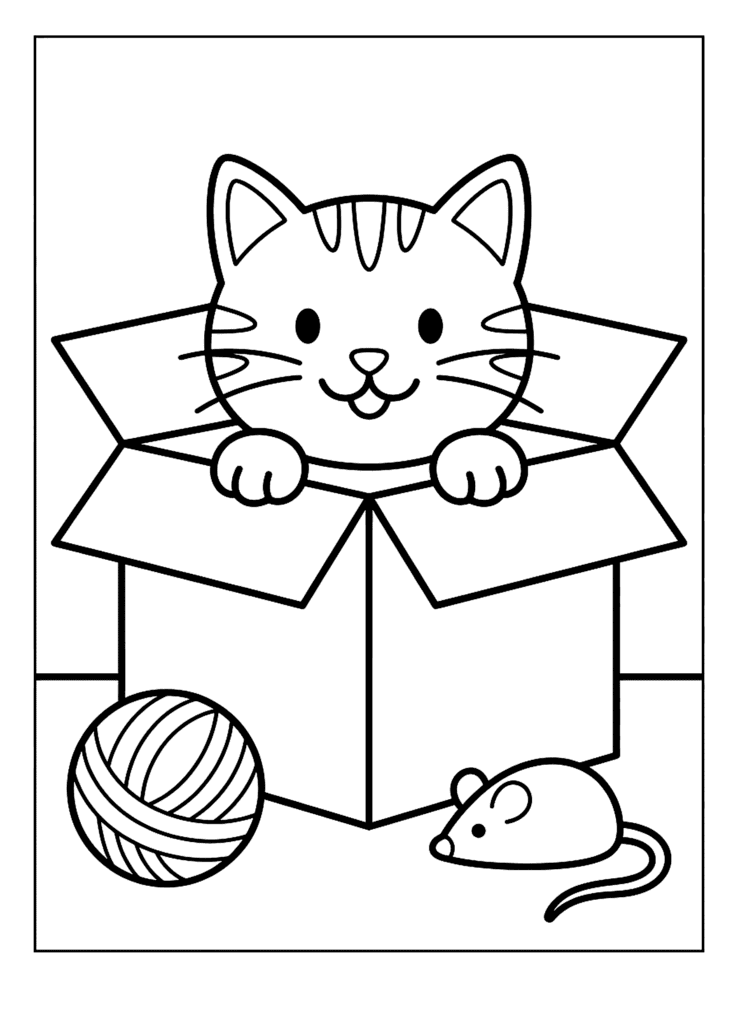 Cat in a Box coloring page for kids: a curious kitten peeking out of a cardboard box next to a ball of yarn and a toy mouse