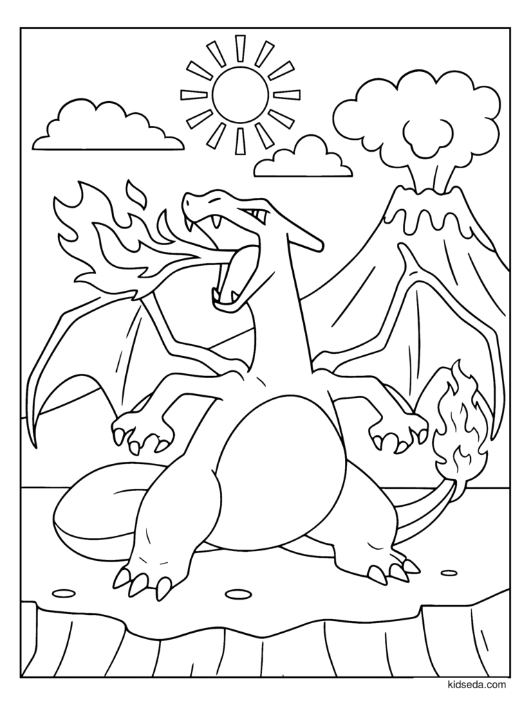 Charizard and the Volcano coloring page for kids: Charizard breathing fire with a volcano behind