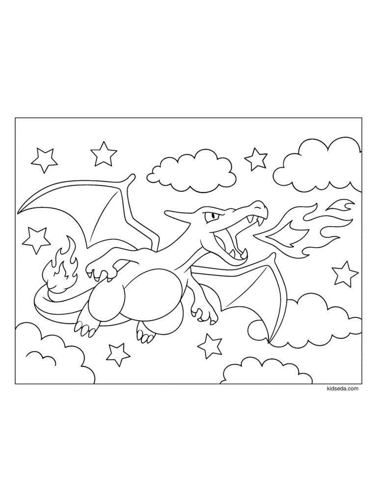 Charizard Flying coloring page for kids: Charizard flying across the sky