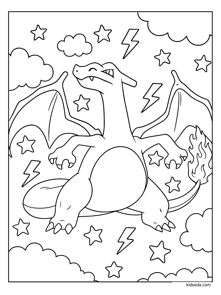 Charizard in the Stars coloring page for kids: Charizard in the sky with stars and lightning bolts