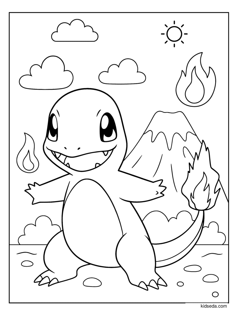 Charmander by the Volcano coloring page for kids: Charmander standing outside with a volcano and flames