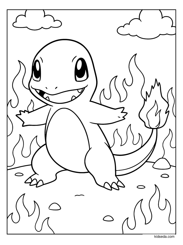 Charmander in the Fire coloring page for kids: Charmander with flames all around