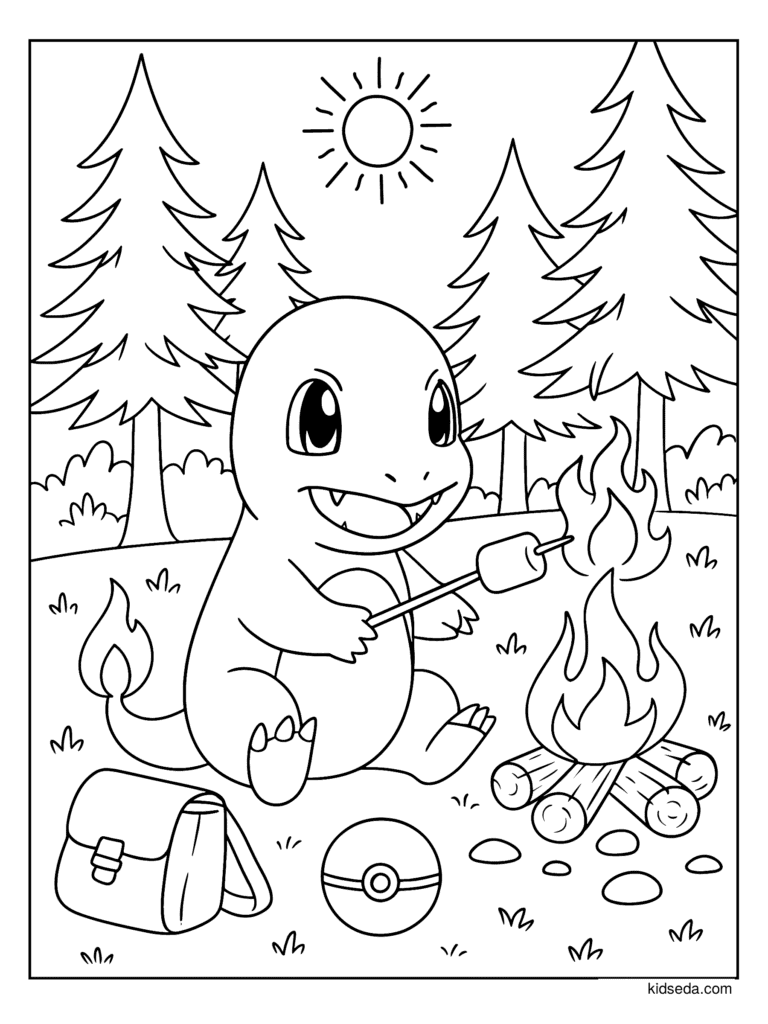 Charmander Roasting Marshmallows coloring page for kids: Charmander roasting marshmallows in the woods