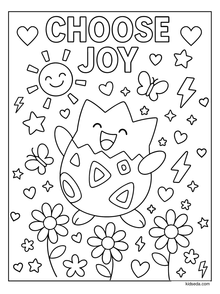 Choose Joy Togepi coloring page for kids: Togepi with the words Choose Joy, flowers and butterflies