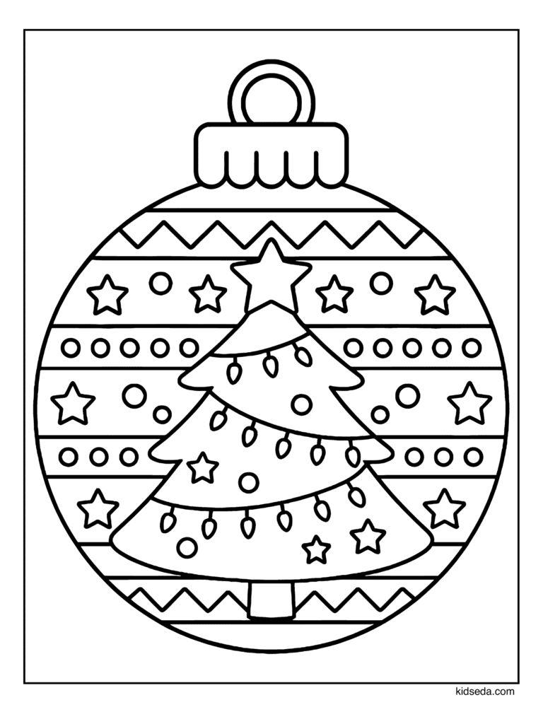 Christmas Tree Bauble coloring page for kids: a large bauble with a tree, stars and stripes