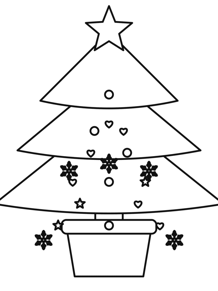 Christmas Tree Pattern coloring page for kids: a Christmas tree filled with stars, hearts, dots and snowflakes