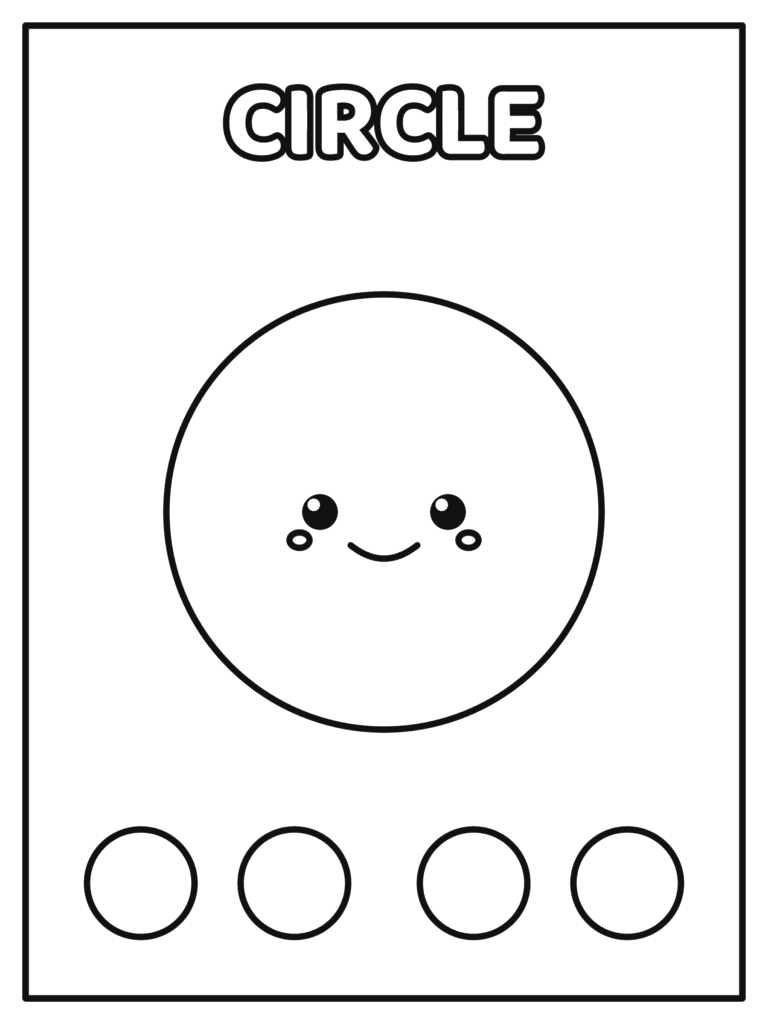 Circle Shape coloring page for kids: a big smiling circle and four little circles to color while learning shapes