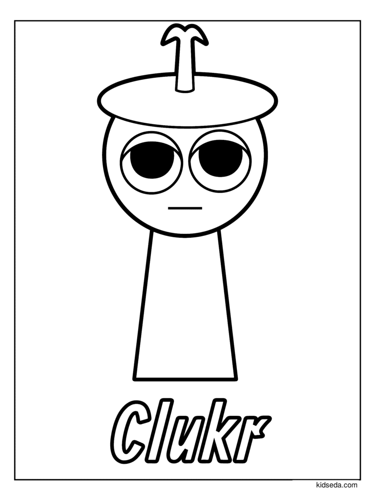 Clukr the Sprunki coloring page for kids: Clukr with big round eyes and a cap with an antenna