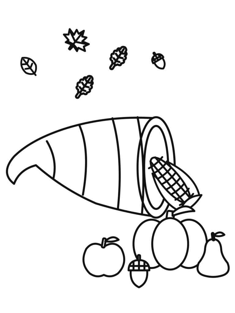 Cornucopia Harvest coloring page for kids: a horn of plenty spilling pumpkins, apples, pears and corn